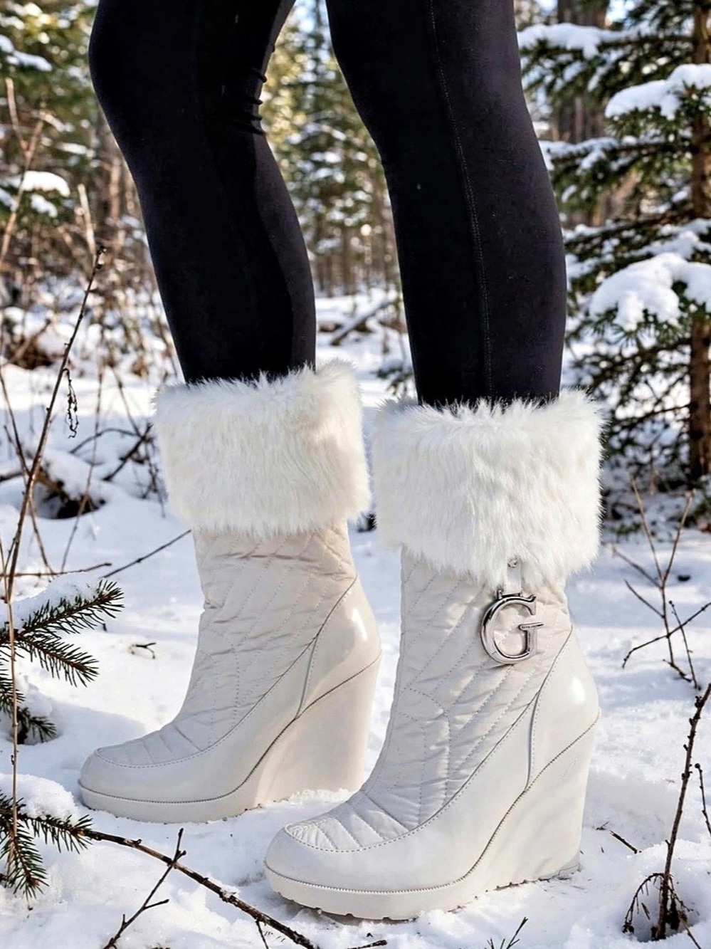 GUESS by Marciano Gwemilia - White quilted wedge boot with faux-fur cuff, silver